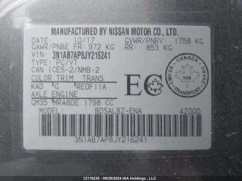 3N1AB7AP8JY216241 2018 Nissan Sentra S/Sv/Sr/Sl