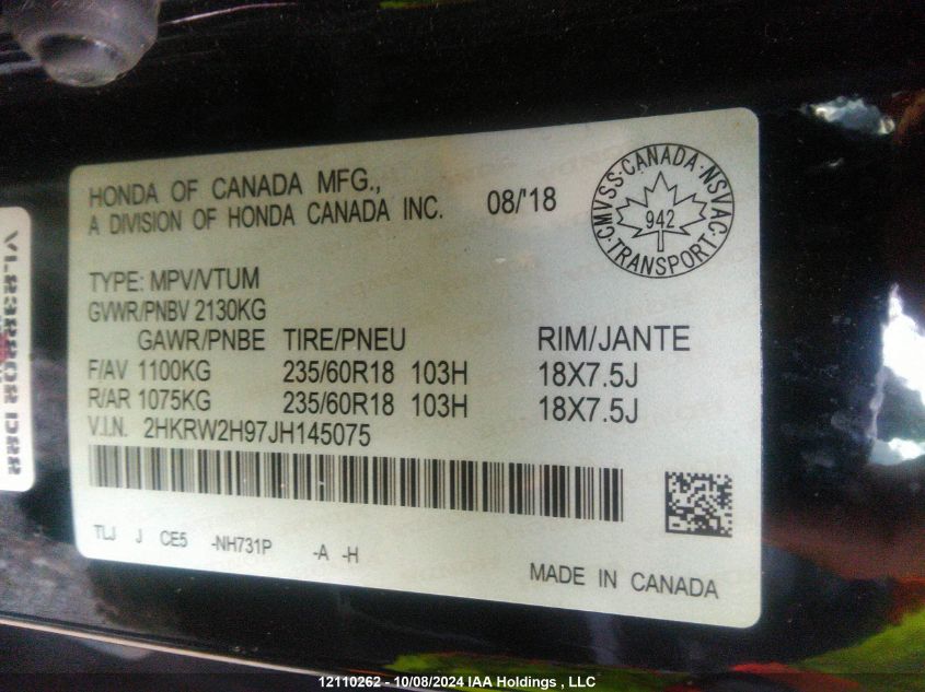 2018 Honda Cr-V VIN: 2HKRW2H97JH145075 Lot: 12110262
