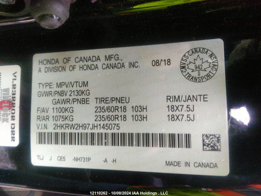 2018 Honda Cr-V VIN: 2HKRW2H97JH145075 Lot: 12110262