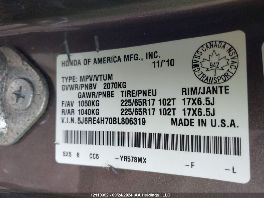 2011 Honda Cr-V VIN: 5J6RE4H70BL806319 Lot: 12110352