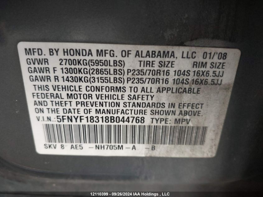 5FNYF18318B044768 2008 Honda Pilot Se