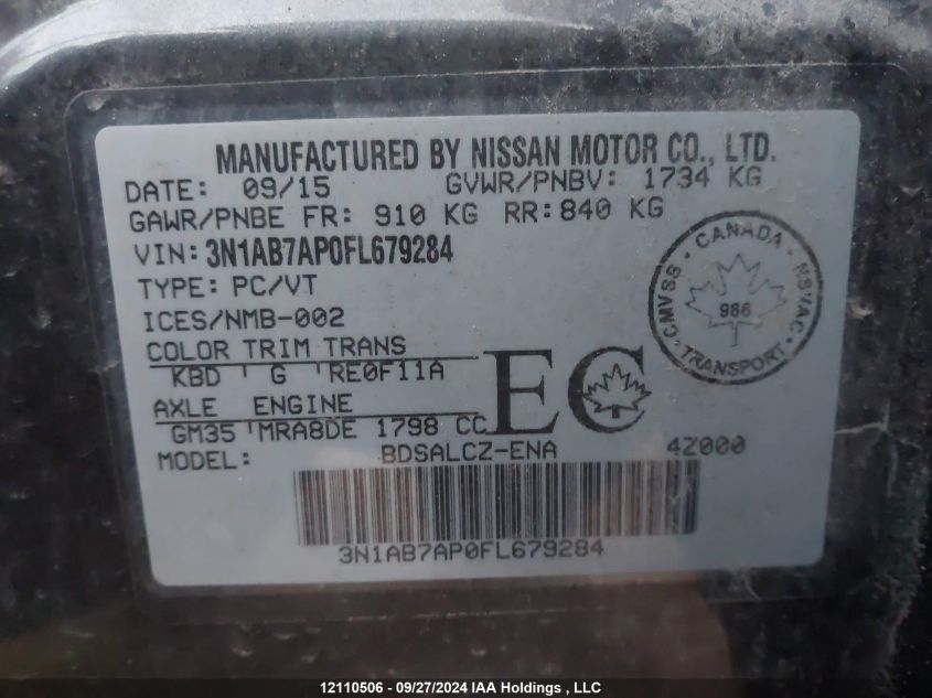 2015 Nissan Sentra VIN: 3N1AB7AP0FL679284 Lot: 12110506