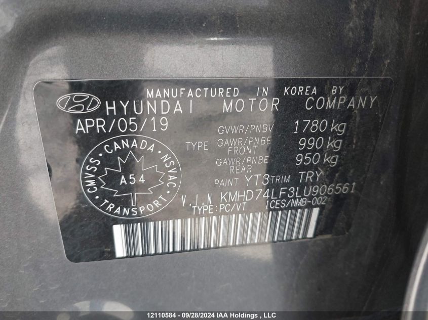 2020 Hyundai Elantra Se VIN: KMHD74LF3LU906561 Lot: 12110584