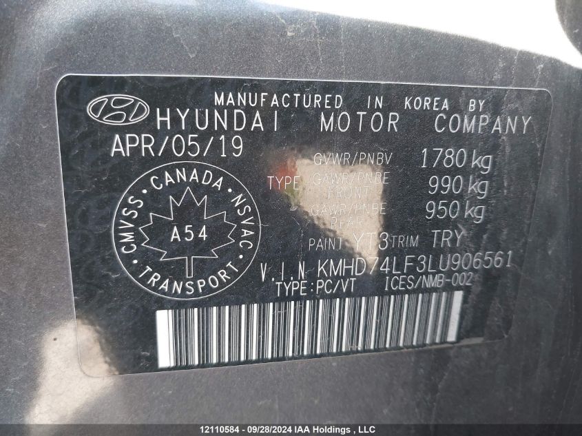 2020 Hyundai Elantra Se VIN: KMHD74LF3LU906561 Lot: 12110584