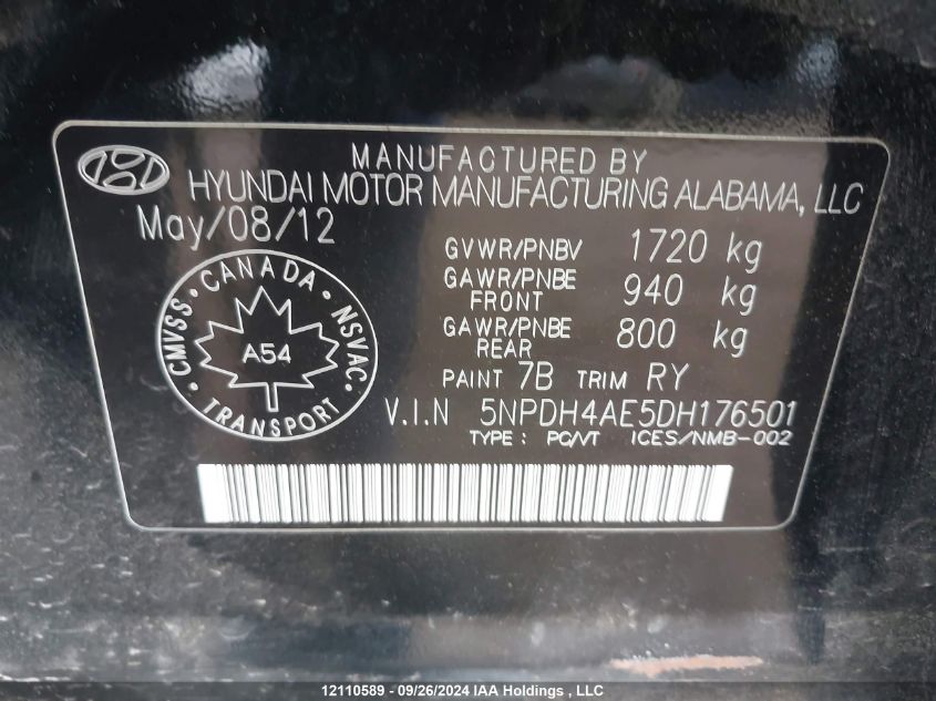 2013 Hyundai Elantra Gls/Limited VIN: 5NPDH4AE5DH176501 Lot: 12110589