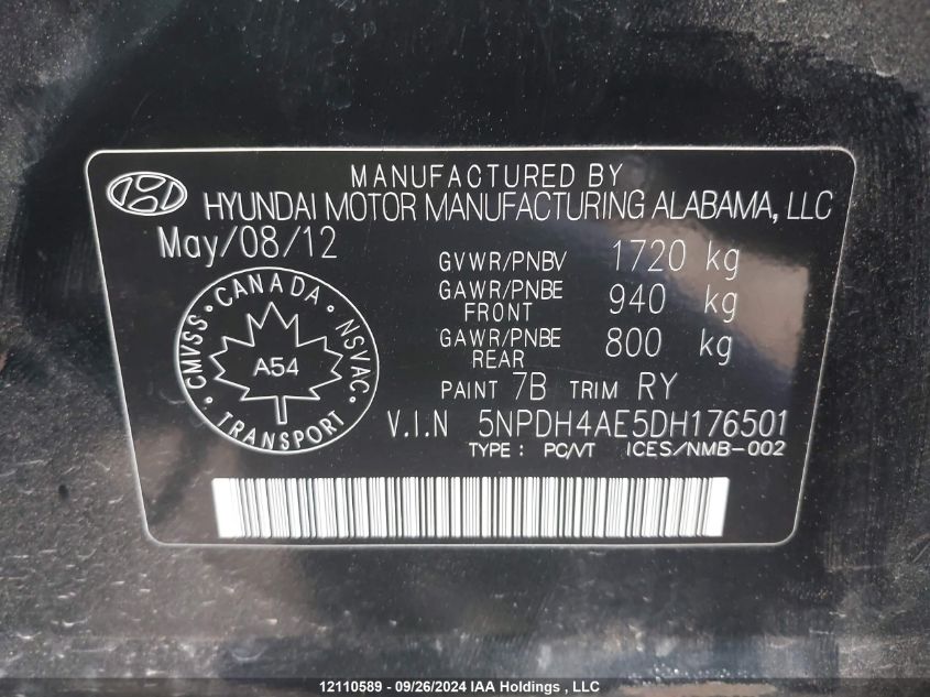 2013 Hyundai Elantra Gls/Limited VIN: 5NPDH4AE5DH176501 Lot: 12110589