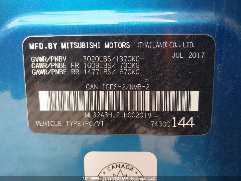 2018 Mitsubishi Mirage Es VIN: ML32A3HJ2JH002018 Lot: 12110606