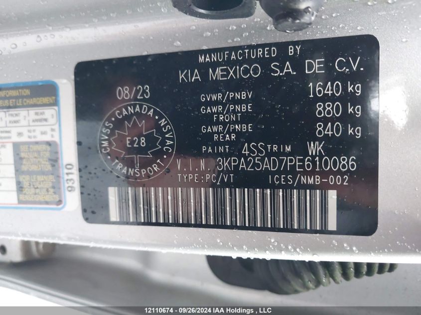 2023 Kia Rio S VIN: 3KPA25AD7PE610086 Lot: 12110674