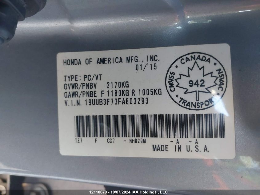 2015 Acura Tlx VIN: 19UUB3F73FA803293 Lot: 12110679