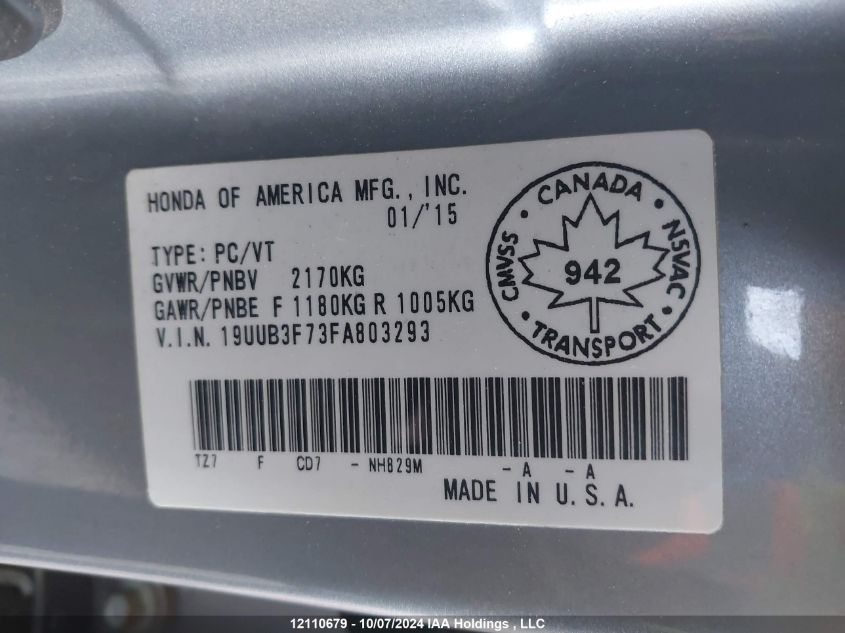 2015 Acura Tlx VIN: 19UUB3F73FA803293 Lot: 12110679