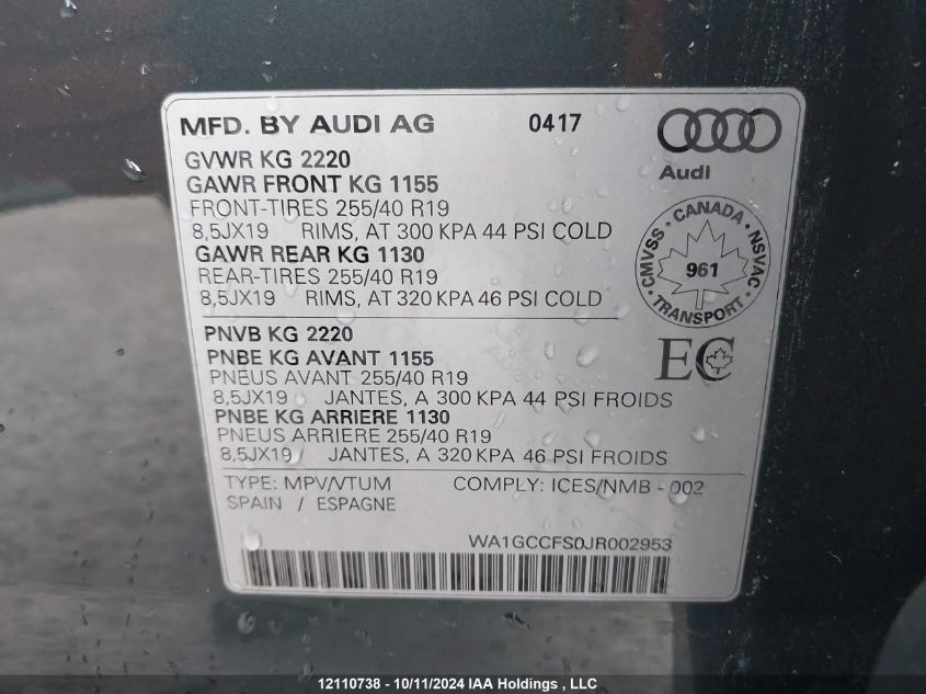 2018 Audi Q3 VIN: WA1GCCFS0JR002953 Lot: 12110738