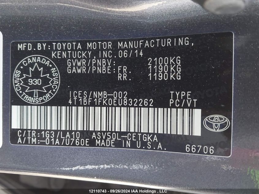 2014 Toyota Camry L/Se/Le/Xle VIN: 4T1BF1FK0EU832262 Lot: 12110743