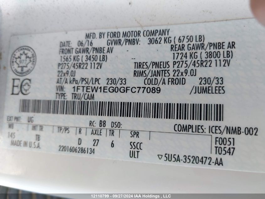 2016 Ford F-150 VIN: 1FTEW1EG0GFC77089 Lot: 12110799