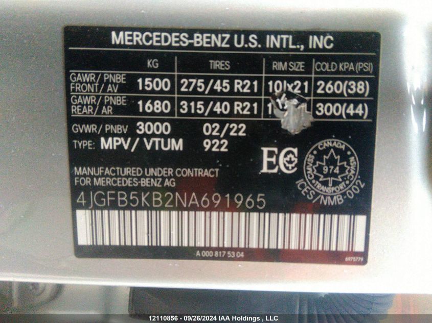 2022 Mercedes-Benz Gle VIN: 4JGFB5KB2NA691965 Lot: 12110856