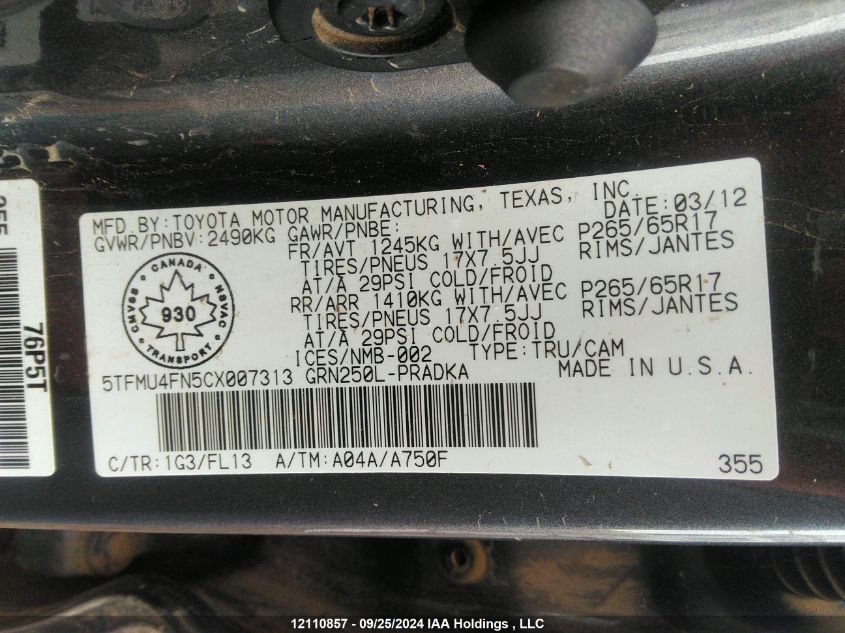 2012 Toyota Tacoma V6 VIN: 5TFMU4FN5CX007313 Lot: 12110857