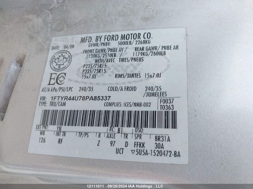 1FTYR44U78PA85337 2008 Ford Ranger Super Cab