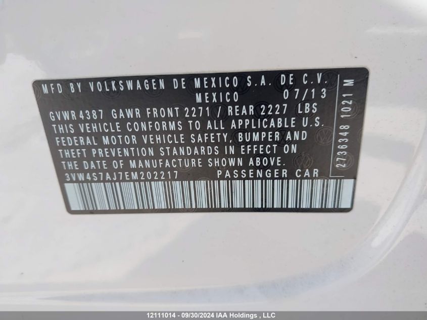 2014 Volkswagen Jetta Gli Autobahn VIN: 3VW4S7AJ7EM202217 Lot: 12111014