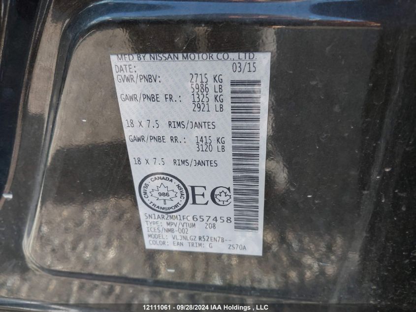 2015 Nissan Pathfinder VIN: 5N1AR2MM1FC657458 Lot: 12111061