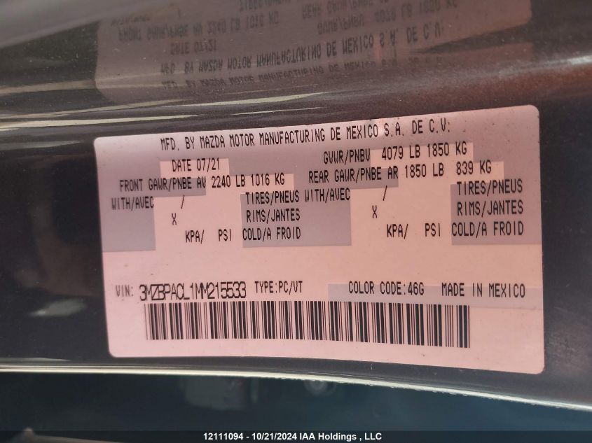 2021 Mazda 3 Preferred VIN: 3MZBPACL1MM215533 Lot: 12111094