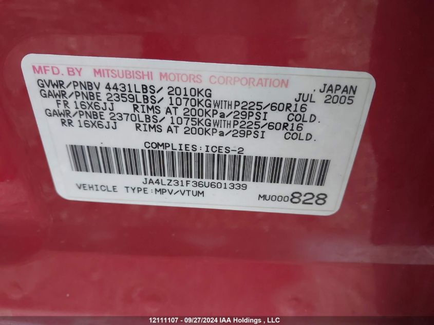 JA4LZ31F36U601339 2006 Mitsubishi Outlander Ls