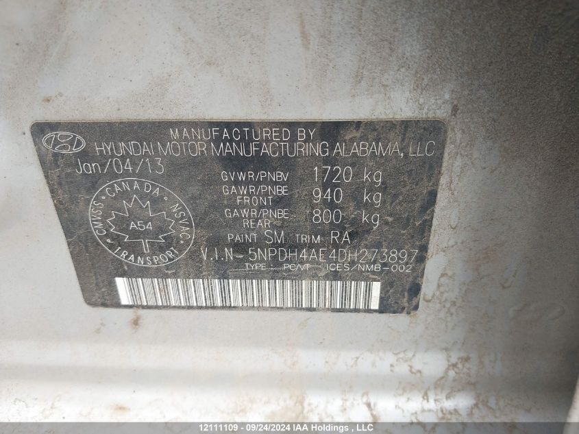 2013 Hyundai Elantra Gls/Limited VIN: 5NPDH4AE4DH273897 Lot: 12111109
