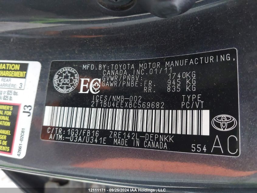 2011 Toyota Corolla VIN: 2T1BU4EEXBC569682 Lot: 12111171