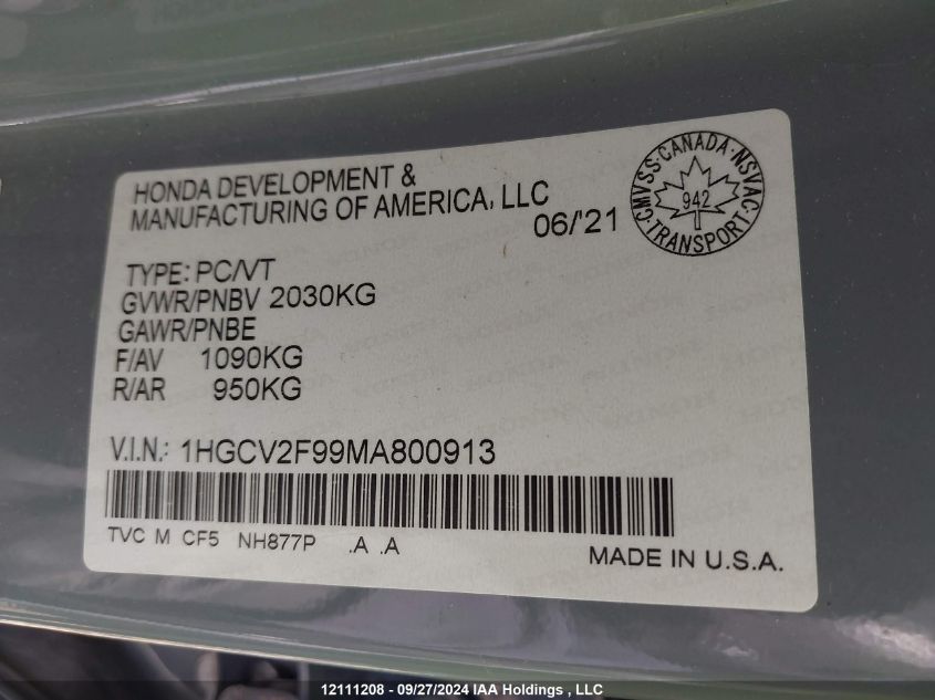 2021 Honda Accord Sedan VIN: 1HGCV2F99MA800913 Lot: 12111208