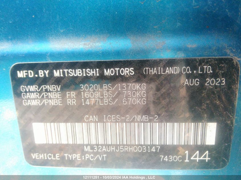 2024 Mitsubishi Mirage VIN: ML32AUHJ5RH003147 Lot: 12111251