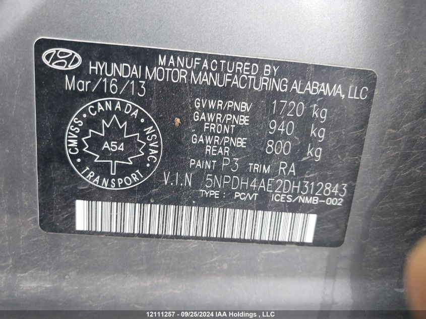 2013 Hyundai Elantra Gls/Limited VIN: 5NPDH4AE2DH312843 Lot: 12111257