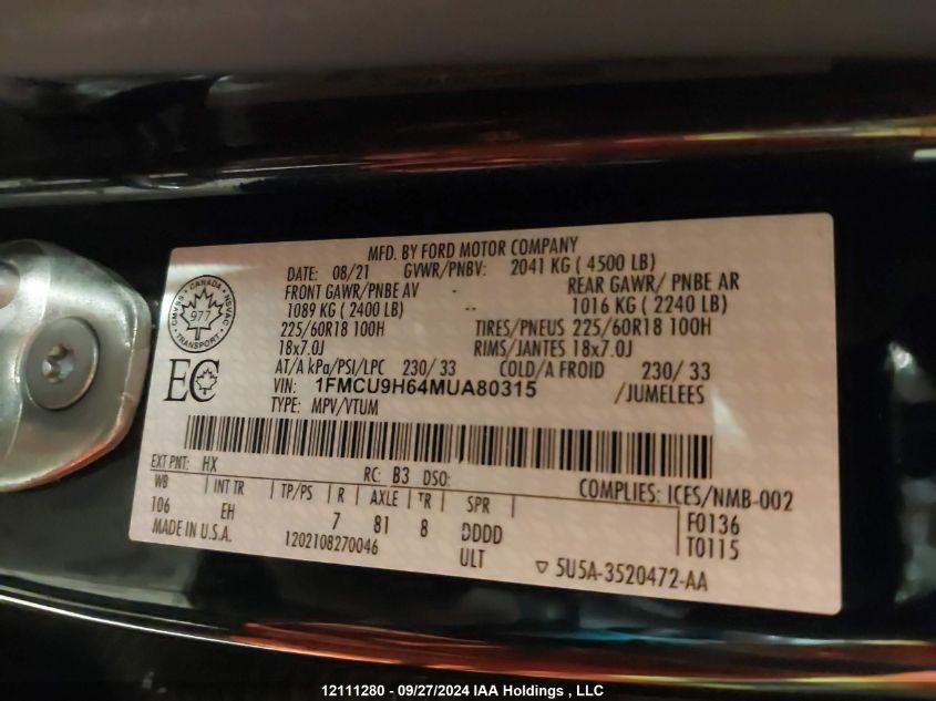 2021 Ford Escape Sel VIN: 1FMCU9H64MUA80315 Lot: 12111280