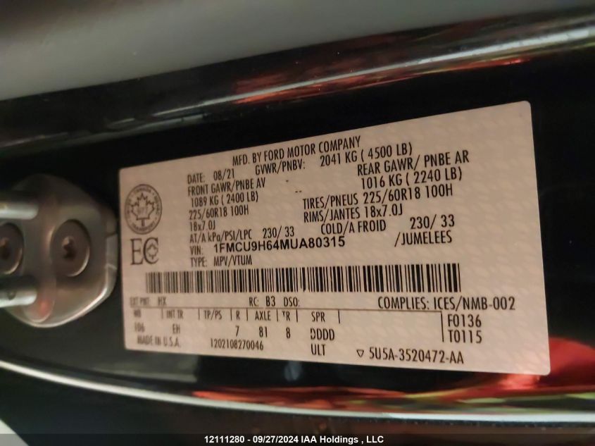 2021 Ford Escape Sel VIN: 1FMCU9H64MUA80315 Lot: 12111280