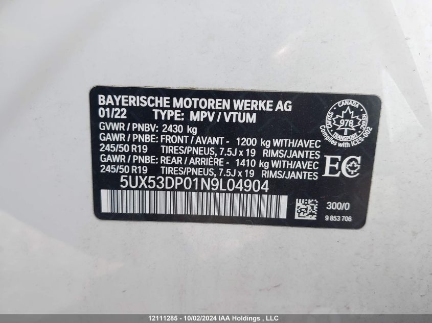 2022 BMW X3 xDrive30I VIN: 5UX53DP01N9L04904 Lot: 12111285