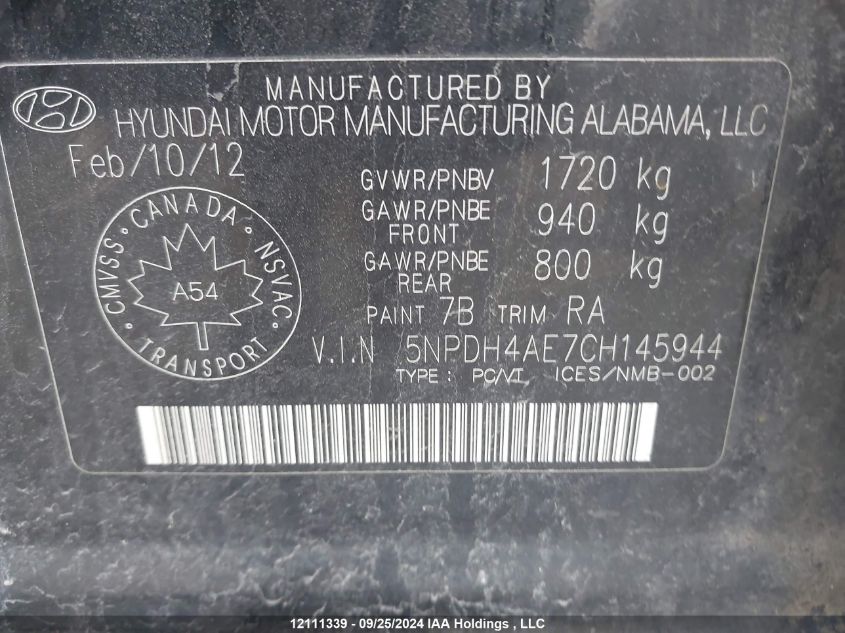 2012 Hyundai Elantra Gls/Limited VIN: 5NPDH4AE7CH145944 Lot: 12111339