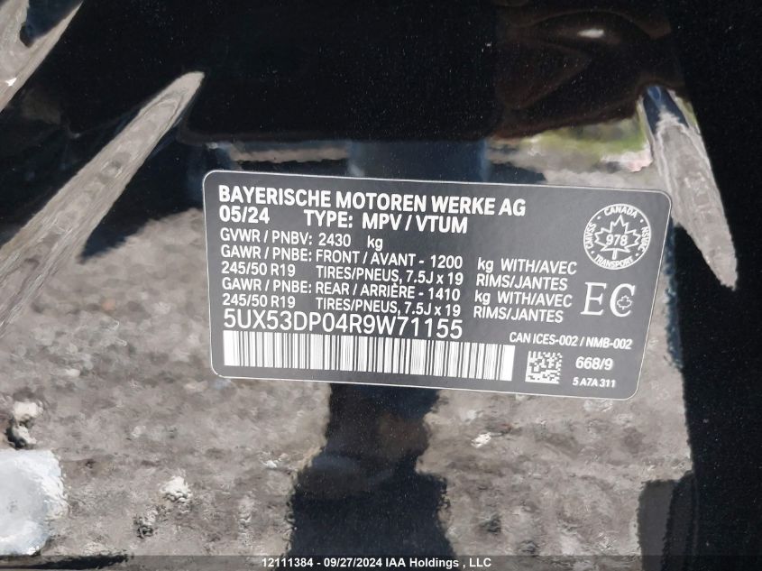 2024 BMW X3 VIN: 5UX53DP04R9W71155 Lot: 12111384