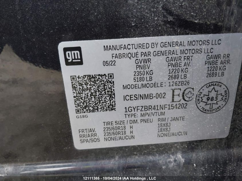 2022 Cadillac Xt4 VIN: 1GYFZBR41NF154202 Lot: 12111385