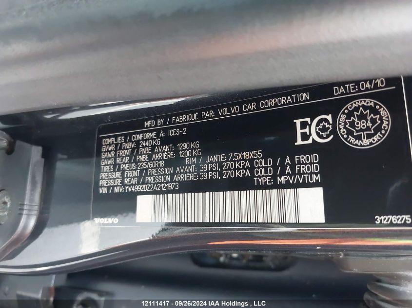 2010 Volvo Xc60 VIN: YV4992DZ2A2121973 Lot: 12111417