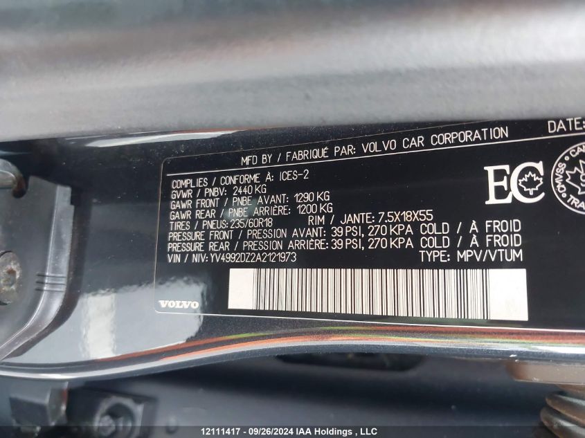 2010 Volvo Xc60 VIN: YV4992DZ2A2121973 Lot: 12111417