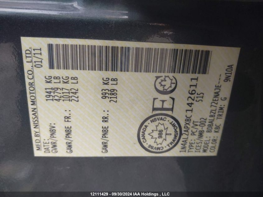 2011 Nissan Altima S VIN: 1N4AL2APXBC142611 Lot: 12111429