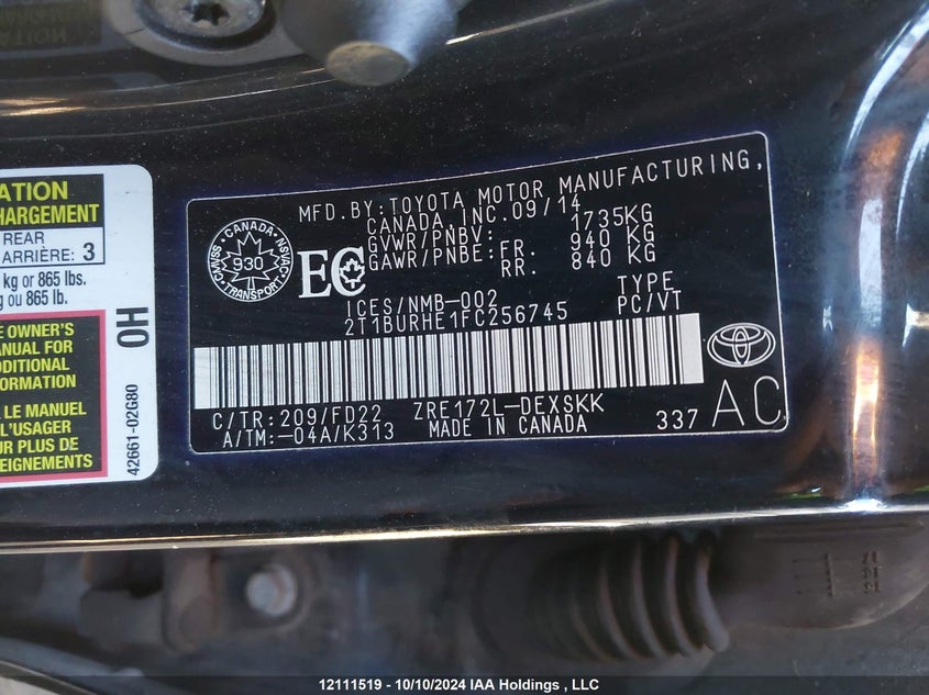 2015 Toyota Corolla L/Le/Le Pls/Prm/S/S Pls VIN: 2T1BURHE1FC256745 Lot: 12111519