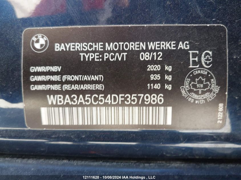 2013 BMW 3 Series VIN: WBA3A5C54DF357986 Lot: 12111620