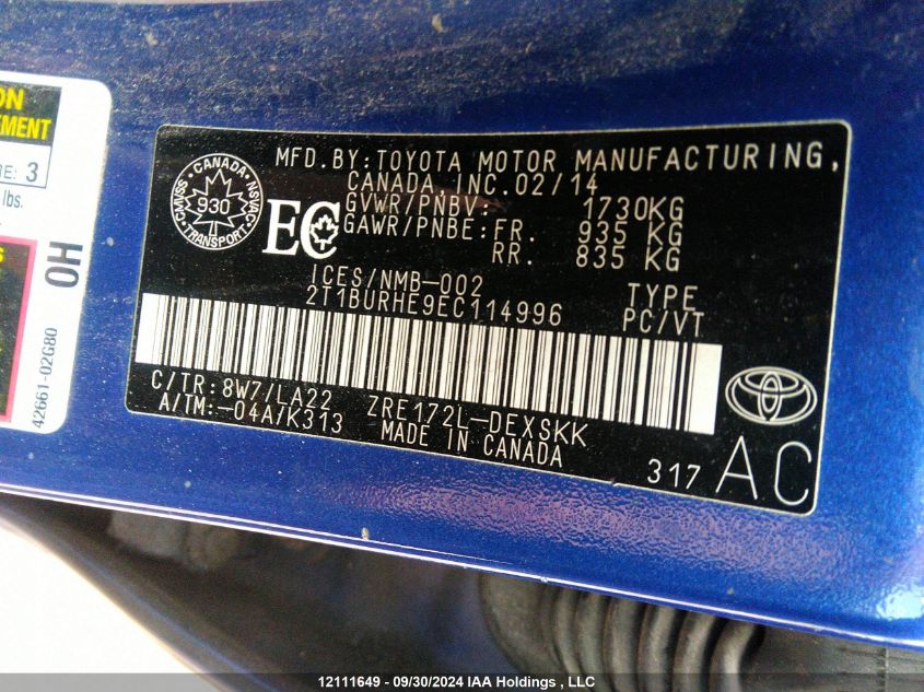 2T1BURHE9EC114996 2014 Toyota Corolla L/Le/Le Pls/Prm/S/S Pls