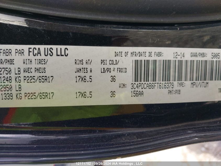 2015 Dodge Journey Se VIN: 3C4PDCAB6FT616379 Lot: 12111752