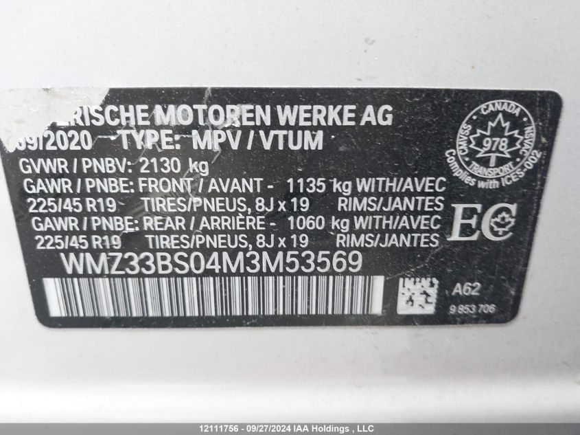 2021 Mini Countryman VIN: WMZ33BS04M3M53569 Lot: 12111756