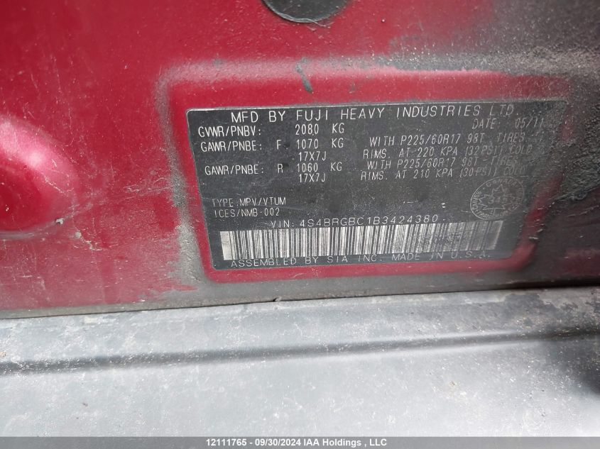 2011 Subaru Outback 2.5I Premium VIN: 4S4BRGBC1B3424380 Lot: 12111765