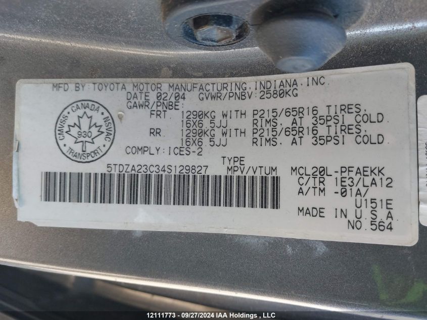 5TDZA23C34S129827 2004 Toyota Sienna Ce/Le