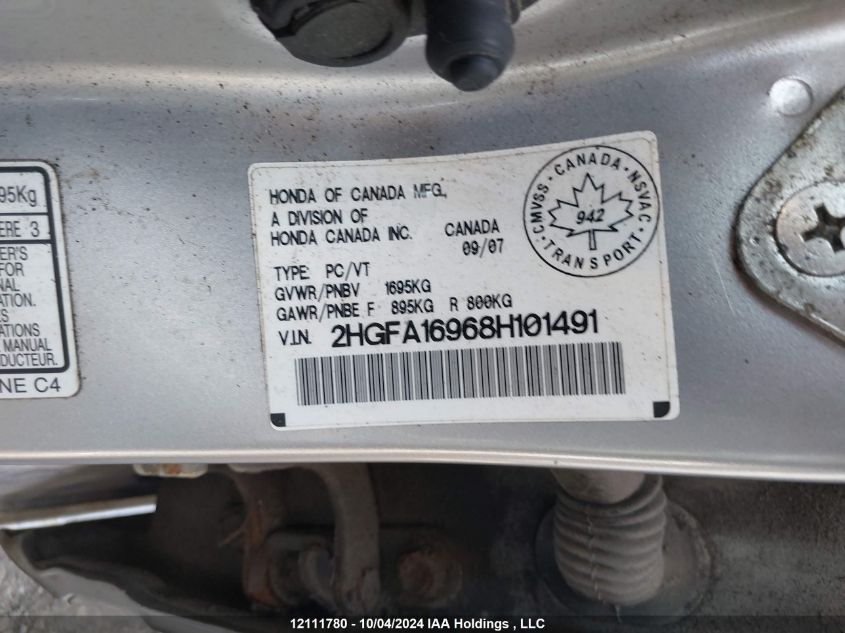 2008 Honda Civic Sdn VIN: 2HGFA16968H101491 Lot: 12111780