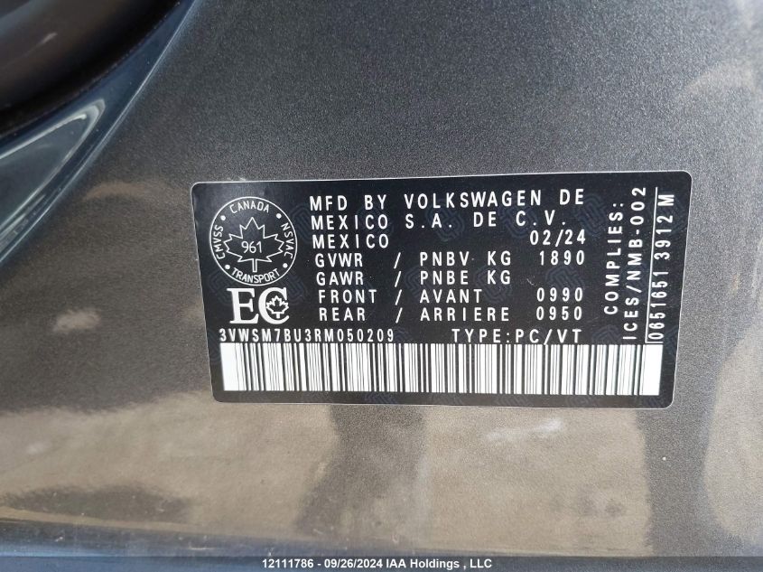 2024 Volkswagen Jetta VIN: 3VWSM7BU3RM050209 Lot: 12111786