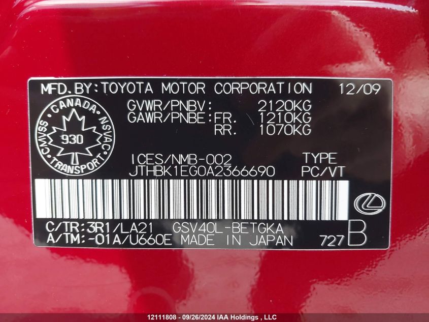 2010 Lexus Es 350 Base (A6) VIN: JTHBK1EG0A2366690 Lot: 12111808