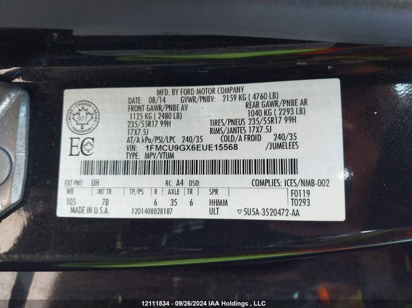 1FMCU9GX6EUE15568 2014 Ford Escape Se