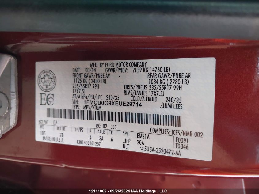 2014 Ford Escape Se VIN: 1FMCU0G9XEUE29714 Lot: 12111862